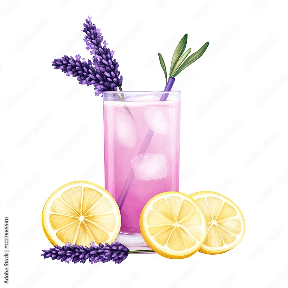 Refreshing Lavender Lemonade with Ice and Slices of Fresh Lemon in a Bright Setting Refreshing Lavender Lemonade with Ice and Slices of Fresh Lemon in a Bright Setting