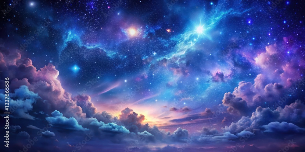 Fototapeta premium A majestic night sky with a vibrant display of bright stars and swirling clouds in shades of blue and purple, set against a dark canvas , cloudy night, galaxy background
