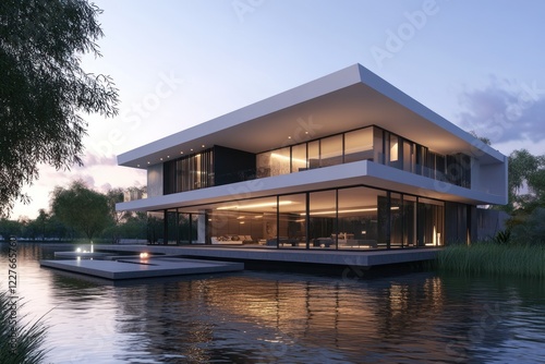 Elegant contemporary villa with illuminated interiors, surrounded by water, and featuring open living spaces under a twilight sky