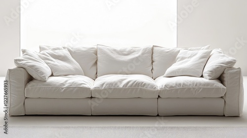 Minimalist living room with a stylish white sofa and a serene, light-filled atmosphere ideal for modern home decor inspiration.