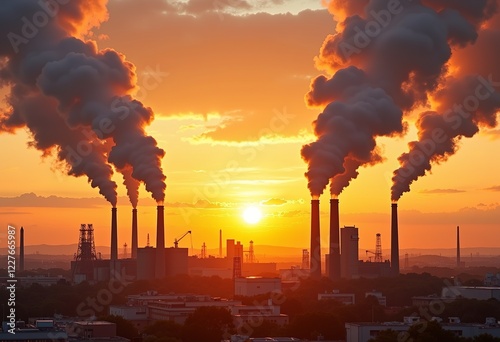 Overhead industrial city: smokestacks, steam, orange sky, human activity, urban design, environmental challenge, modern industrialized world.
 photo