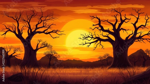 Serene African savanna landscape at sunset featuring iconic baobab trees against a vibrant golden sky with space for text placement photo