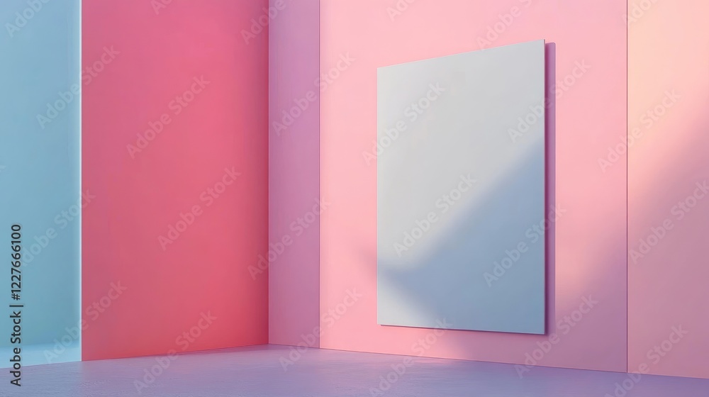 Minimalist art display featuring a blank placard against colorful pastel walls in a modern interior setting. Minimalist art display featuring a blank placard against colorful pastel walls in a modern interior setting.