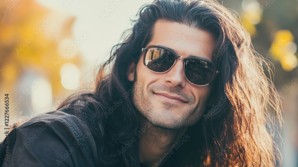 Man with long hair wearing sunglasses and smiling against a blurred natural background capturing cool and confident outdoor vibes Man with long hair wearing sunglasses and smiling against a blurred natural background capturing cool and confident outdoor vibes