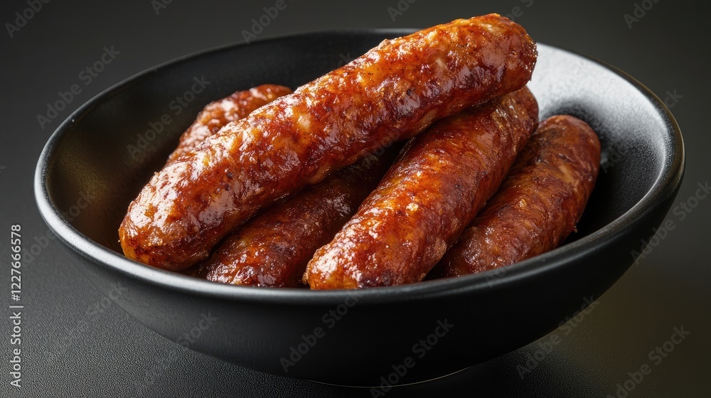 Traditional deep fried smoked sausage served in a black bowl showcasing crispy texture and savory appeal for gourmet food promotions. Traditional deep fried smoked sausage served in a black bowl showcasing crispy texture and savory appeal for gourmet food promotions.