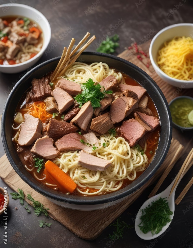 Rich flavorful broth made from chicken bones simmered for hours topped with springy noodles and sliced beef , umami, soup, rich Rich flavorful broth made from chicken bones simmered for hours topped with springy noodles and sliced beef , umami, soup, rich