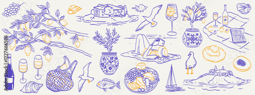 Italian summer vacation doodle style illustration set. Vector ink hand drawn Italy coast sea or beach print elements. Sea weekend or rest collection for invitations to beach party, picnic, wedding.