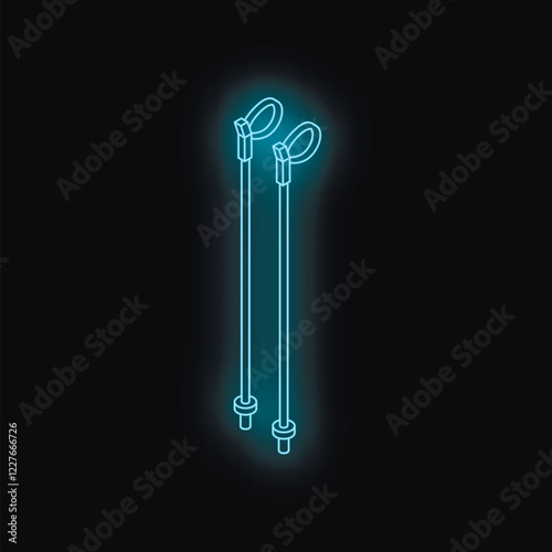 Neon sign representing nordic walking poles glowing on a black background