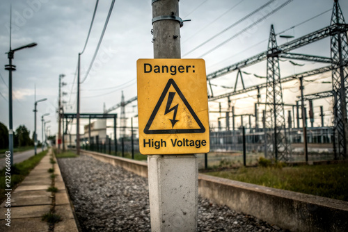 A warning sign indicating high voltage danger, placed beside electrical infrastructure, under a cloudy sky.