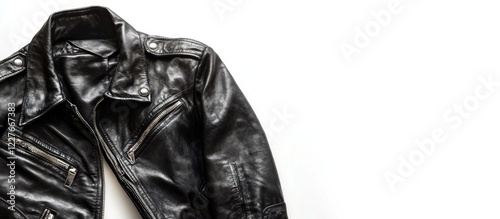 Classic black motorcycle jacket on white background with ample blank space for customizing text or graphics photo