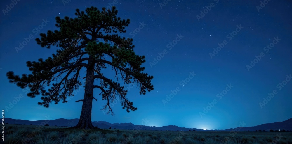 Dead big pine tree against blue clear sky at night, dead, stars, evergreen Dead big pine tree against blue clear sky at night, dead, stars, evergreen