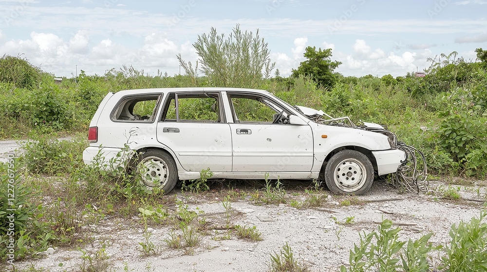 Abandoned SUV in Overgrown Lot, Stripped of Parts, Exposed Wiring, Surrounded by Tall Grass, Echoes of Industry, A Silent Witness to Time's Passage Abandoned SUV in Overgrown Lot, Stripped of Parts, Exposed Wiring, Surrounded by Tall Grass, Echoes of Industry, A Silent Witness to Time's Passage