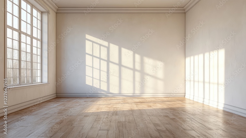 Elegant minimalist room with abundant natural light highlighting design potential and spacious wooden flooring. Elegant minimalist room with abundant natural light highlighting design potential and spacious wooden flooring.
