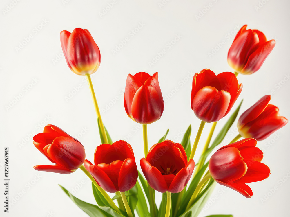 red tulip border with yellow leaves and stems, spring, flowers arrangement, garden decoration red tulip border with yellow leaves and stems, spring, flowers arrangement, garden decoration