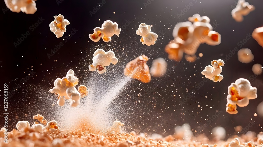 A dynamic scene of popcorn kernels exploding in mid-air, showcasing motion and texture. A dynamic scene of popcorn kernels exploding in mid-air, showcasing motion and texture.
