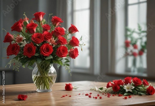 Wallpaper Mural Red roses and lily flowers in a vase on a table, flowers, lilies, romantic decoration Torontodigital.ca