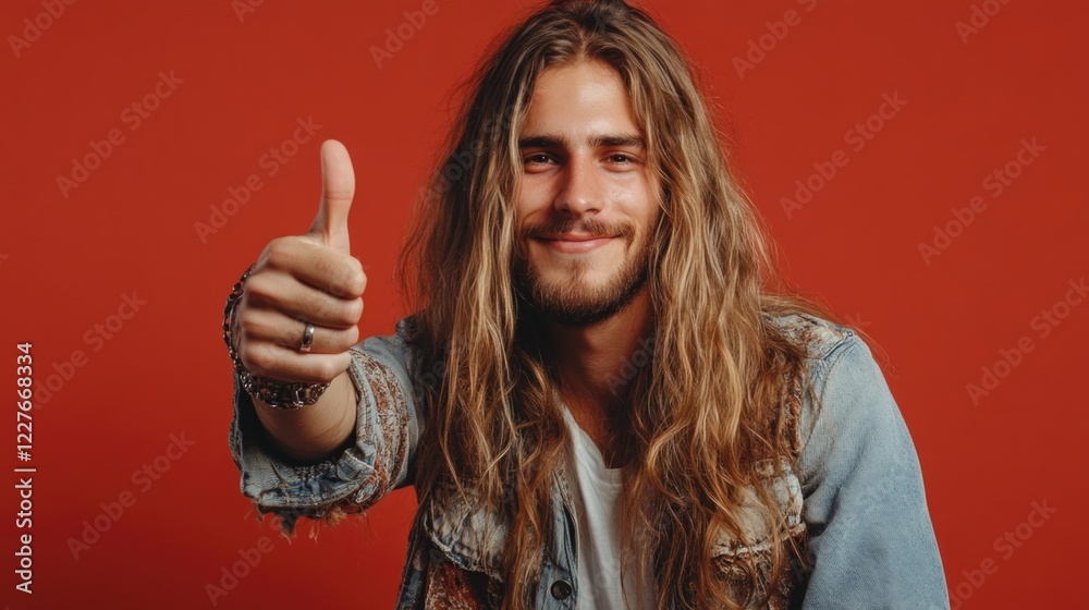 Young man with long hair giving a thumbs up gesture against a vibrant red background expressing positivity and confidence Young man with long hair giving a thumbs up gesture against a vibrant red background expressing positivity and confidence