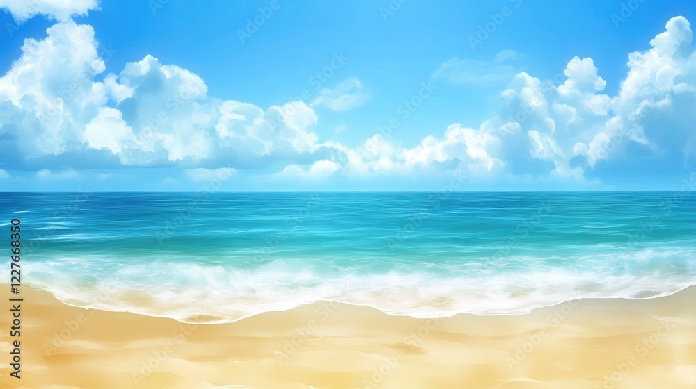 Serene summer beach scene with blurred ocean waves and soft clouds under a clear blue sky ideal for relaxation and vacation themes Serene summer beach scene with blurred ocean waves and soft clouds under a clear blue sky ideal for relaxation and vacation themes