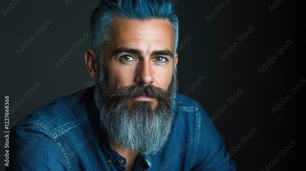 Stylish man with blue hair and beard wearing a denim shirt posing confidently in a dark setting Stylish man with blue hair and beard wearing a denim shirt posing confidently in a dark setting