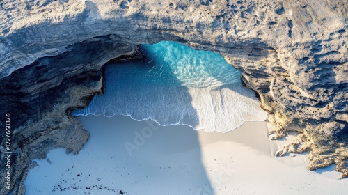 Aerial View of Natural Arch Overlooking White Sand Beach and Turquoise Water with Dramatic Rock Formation Shadow