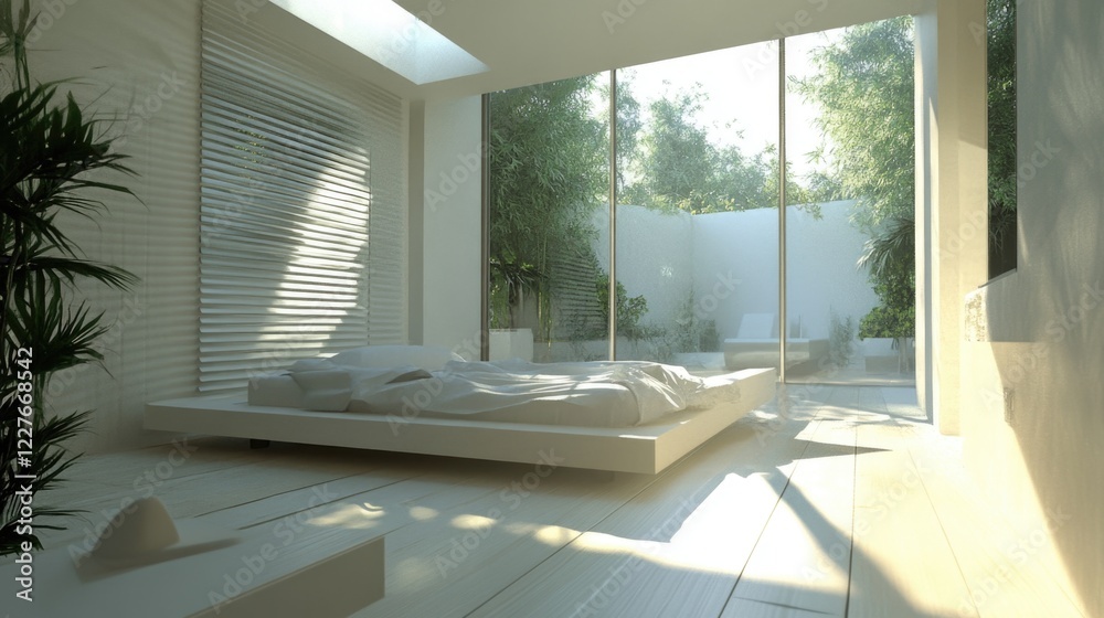 Fototapeta premium Bright minimalist bedroom design featuring natural light, greenery, and a serene outdoor space for a tranquil atmosphere and peaceful retreat.