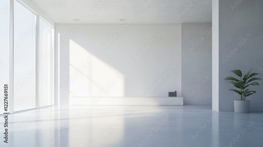 Contemporary empty living room with sunlight streaming through large windows and a potted plant on the polished floor showcasing minimalist design Contemporary empty living room with sunlight streaming through large windows and a potted plant on the polished floor showcasing minimalist design