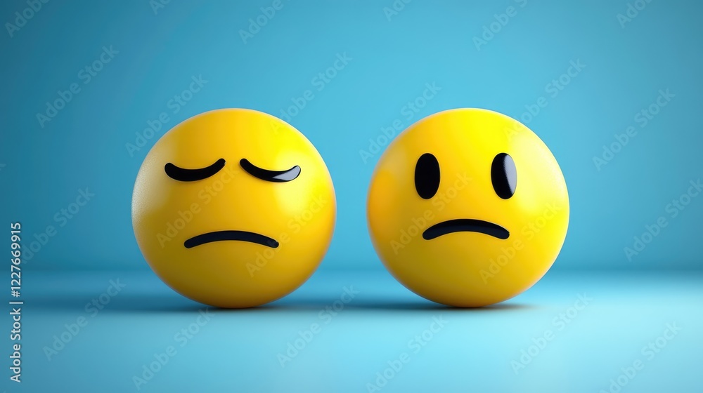 Fototapeta premium Emotional expression assessment with happy and sad emoticons on a blue background representing positive and negative feelings.