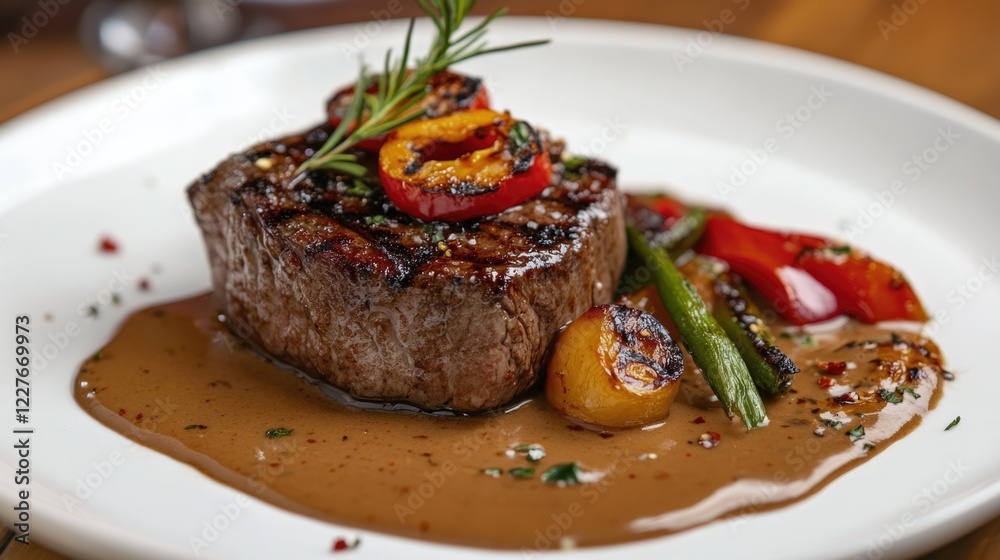 Juicy Medium Rare Grilled Beef Steak with Pepper Sauce and Colorful Grilled Vegetables on a Plate Juicy Medium Rare Grilled Beef Steak with Pepper Sauce and Colorful Grilled Vegetables on a Plate