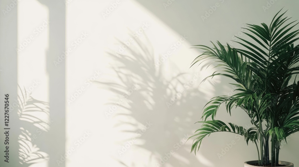 Minimalist modern interior emphasizing natural light and lush indoor plants creating serene ambiance and gentle shadows on the wall.