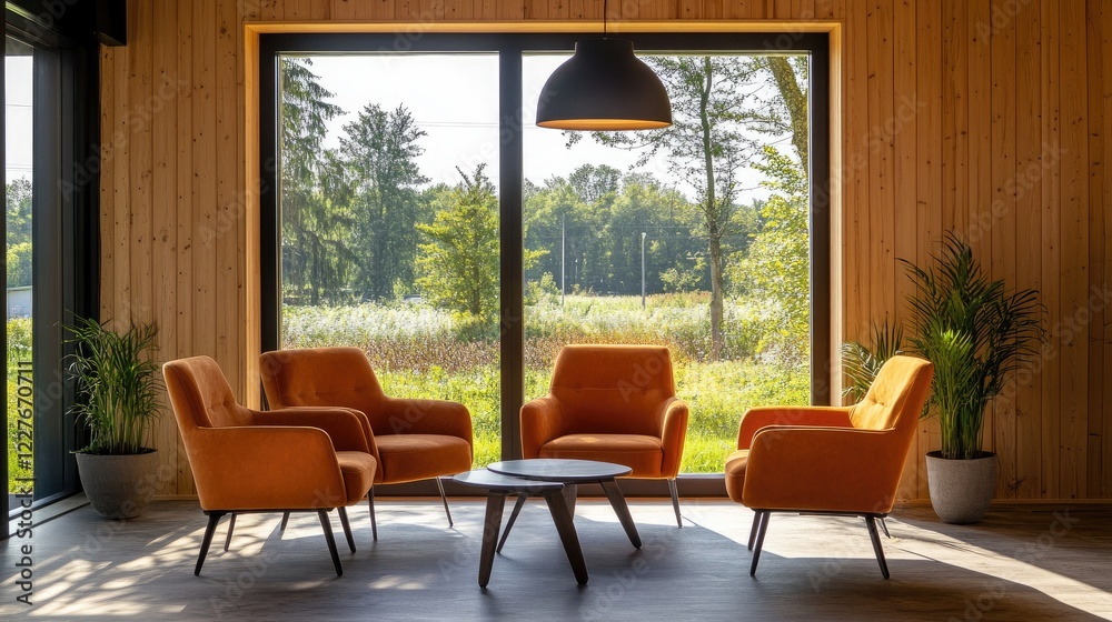 Obraz premium Modern Wooden Office Waiting Area with Natural Light and Cozy Seating Arrangement Amidst Scenic Outdoor View