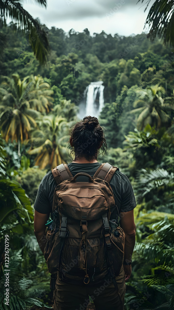 Fototapeta premium Hiker views jungle waterfall