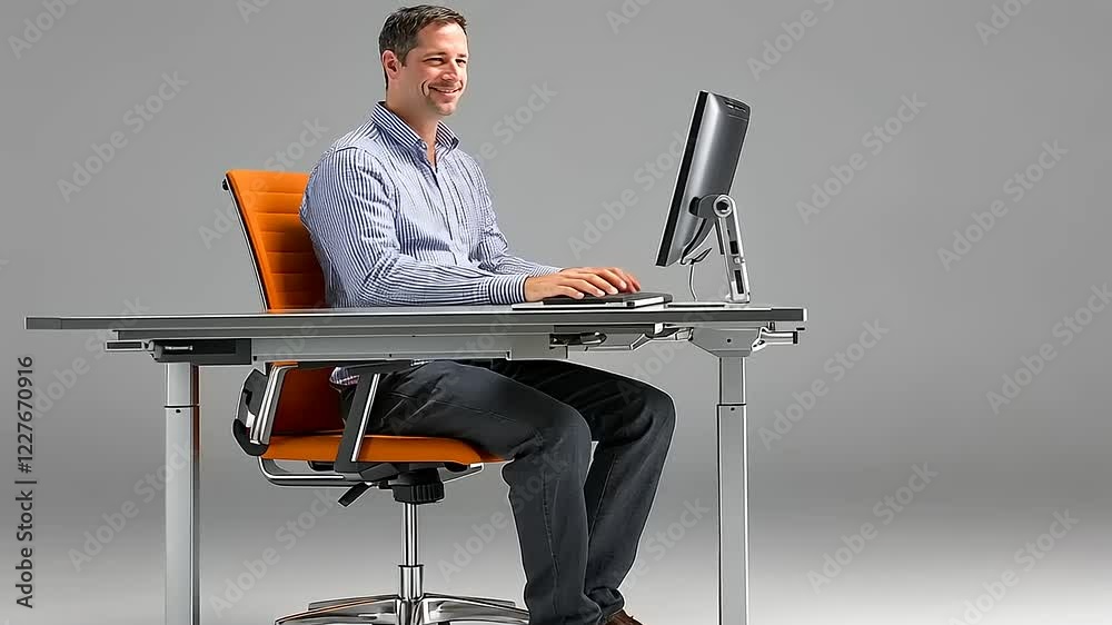Professional man working on a computer at a modern desk in a minimalist office environment