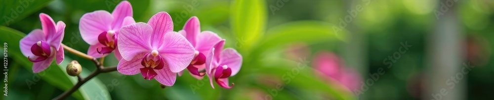 Pink orchid shaped flowers blooming in a green garden, blossoms, gardenia Pink orchid shaped flowers blooming in a green garden, blossoms, gardenia