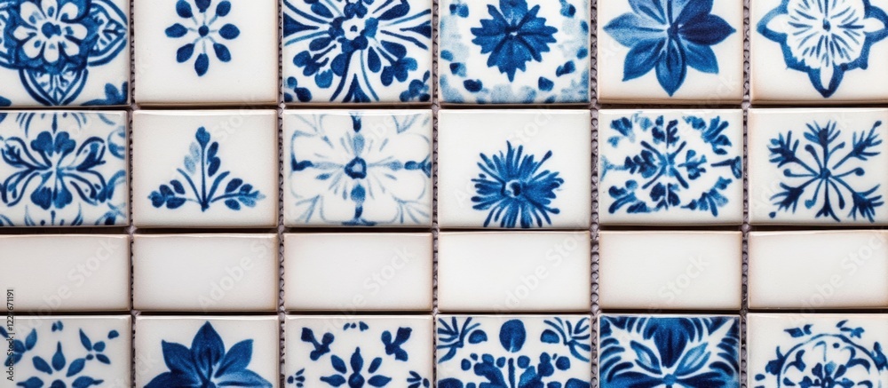 Fototapeta premium Blue and white ceramic porcelain square mosaic tiles wall texture with ample empty space for text or branding in a decorative layout