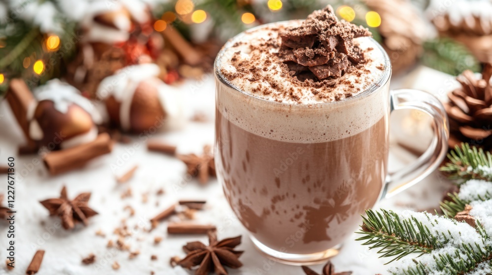 Festive hot cocoa in glass mug topped with chocolate and surrounded by winter decorations perfect for holiday drinks and cozy beverage displays Festive hot cocoa in glass mug topped with chocolate and surrounded by winter decorations perfect for holiday drinks and cozy beverage displays