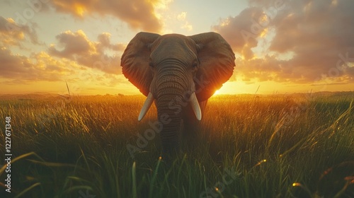 Elegant elephant navigating vibrant grassland during a breathtaking sunset showcasing the beauty of nature in harmony with wildlife photo