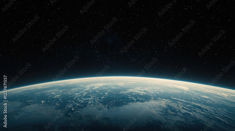 Fototapeta premium Earth's curve from space, night sky, clouds, planet. Website background