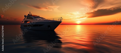 Serene motorboat at sunset with vibrant sky reflections over calm ocean waters perfect for advertising travel or relaxation themes photo