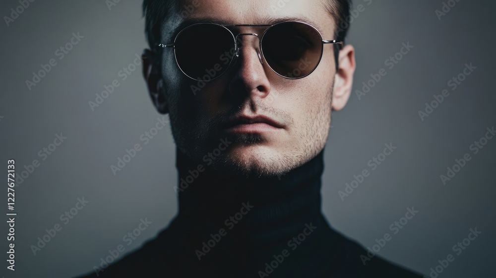 Fototapeta premium Stylish Male Portrait in Sunglasses Against a Neutral Grey Background for Fashion and Lifestyle Promotions