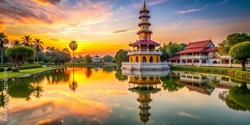 Ayutthaya's Tower Withun Thasana: Majestic Royal Palace View, High Depth of Field Stock Photo photo