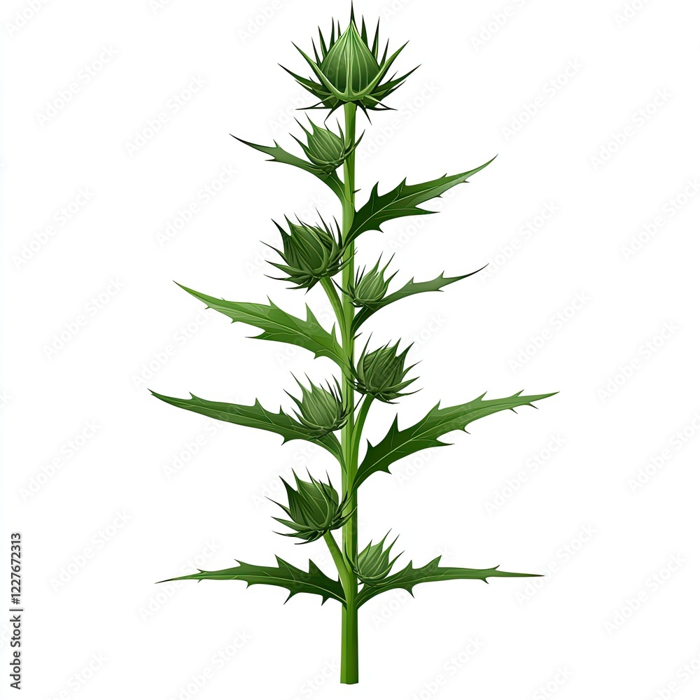 Fototapeta premium Detailed Illustration of a Thistle Plant Featuring Spiky Green Stems and Buds with Thorny Leaves