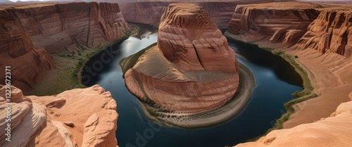 Golden hues of sunset casting a warm glow on Horseshoe Bend's horseshoe-shaped canyon high above the Colorado River , canyon, landscape