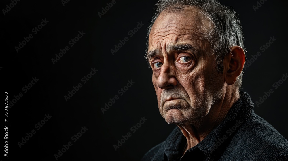 Portrait of an older man displaying a distressed expression against a dark background emphasizing emotion and age-related experiences. Portrait of an older man displaying a distressed expression against a dark background emphasizing emotion and age-related experiences.