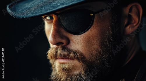 Mysterious man with trimmed beard and eye patch wearing a black hat capturing intrigue and depth in a dramatic portrait. photo