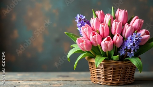 Pastel pink tulips and hyacinths in a wicker basket, , rustic accents