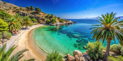 Serene beach at Livadi in Ikaria island with crystal clear blue water and white sand, surrounded by lush greenery and towering palm trees, crystal clear, nature photo