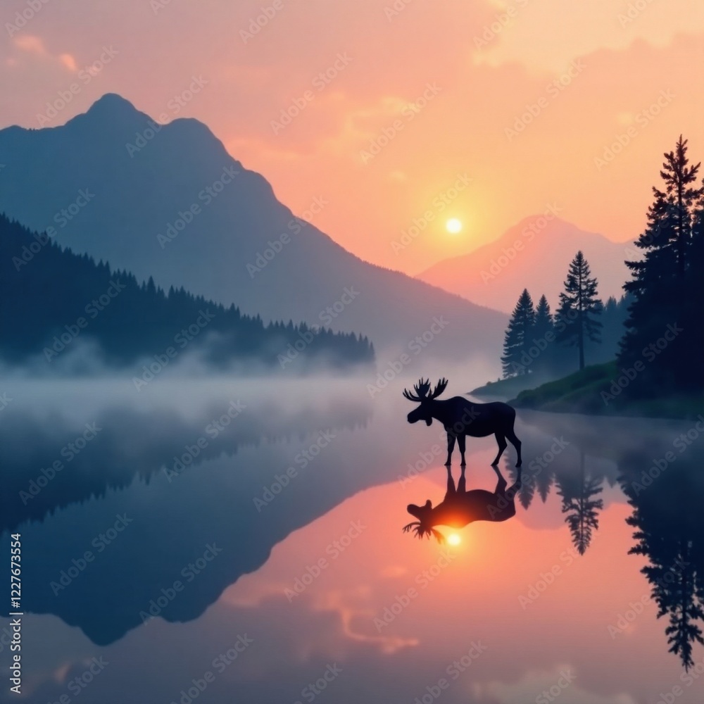 moose silhouette on misty lake, moose, antlers, arctic wildlife