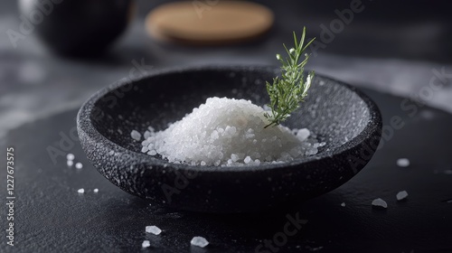 Natural white salt served in a textured black dish garnished with fresh herbs on a dark stone surface with blurred background elements. photo