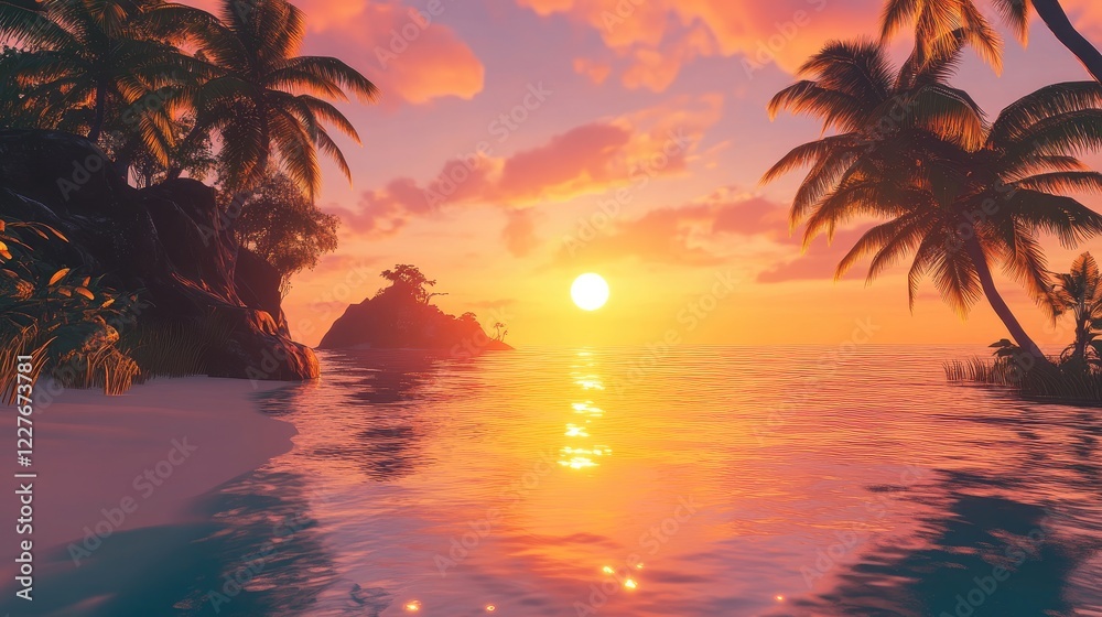 Fototapeta premium Serene Orange Sunset Illuminating Calm Ocean Waters with Silhouetted Palm Trees