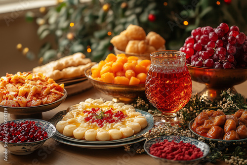 Persian table celebrating nowruz, featuring traditional dishes and drinks, embodying festive warmth of iranian new year celebration photo